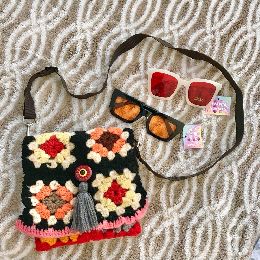 Handmade Crochet 70s Quilt Bag OOAK + 2 UV Fall Sunglasses NWT Boho Chic Gift